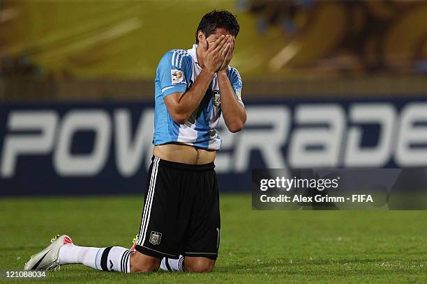 Agustin Vuletich of Argentina reacts after during the FIFA U-20 World Cup 2011 quarter final match between Portugal and Argentina at Estadia Jaime...