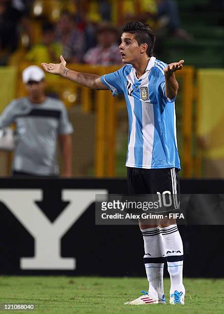 Erik Lamela of Argentina reacts during the FIFA U-20 World Cup 2011 quarter final match between Portugal and Argentina at Estadia Jaime Moron Leon on...
