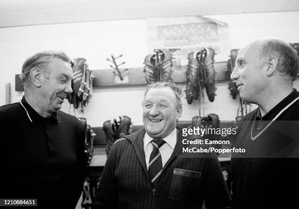 Liverpool manager Bob Paisley in the boot room with Joe Fagan and Ronnie Moran at Anfield in Liverpool, England, circa 1980.