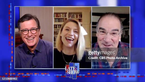 The Late Show with Stephen Colbert and guests Claire Danes & Mandy Patinkin during Thursday's April 23, 2020 show. Image is a screen grab.
