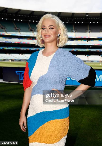 Singer Katy Perry poses during the 2020 ICC Women's T20 World Cup Media Opportunity at Melbourne Cricket Ground on March 07, 2020 in Melbourne,...