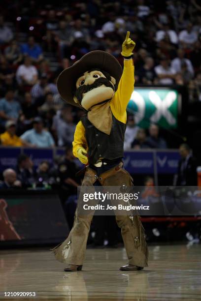 Wyoming Cowboys mascot Pistol Pete cheers on his team against the Utah State Aggies during a semifinal game of the Mountain West Conference...