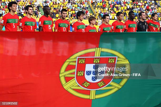 Players of Portugal sing their national anthem before the FIFA U-20 World Cup 2011 quarter final match between Portugal and Argentina at Estadia...