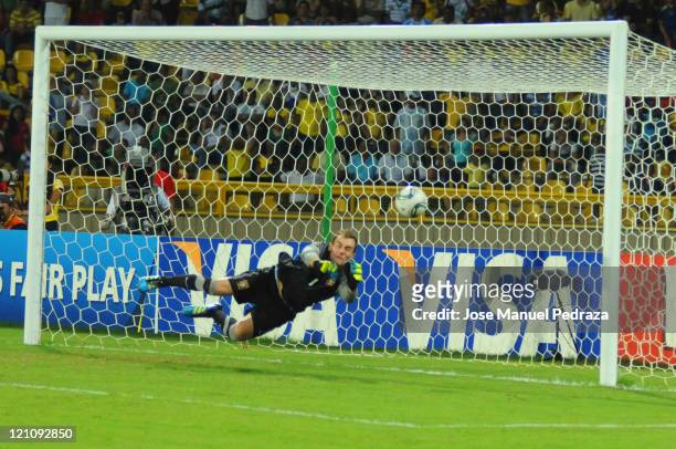 Mika, from Portugal stops the third penalty in the penalty shoot out the match between Argentina and Portugal as part of the U20 World Cup Colombia...