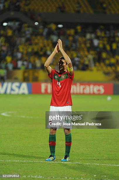 Nuno Reis from Portugal greets the crowd after the match between Argentina and Portugal as part of the U20 World Cup Colombia 2011 at Jaime Moron...