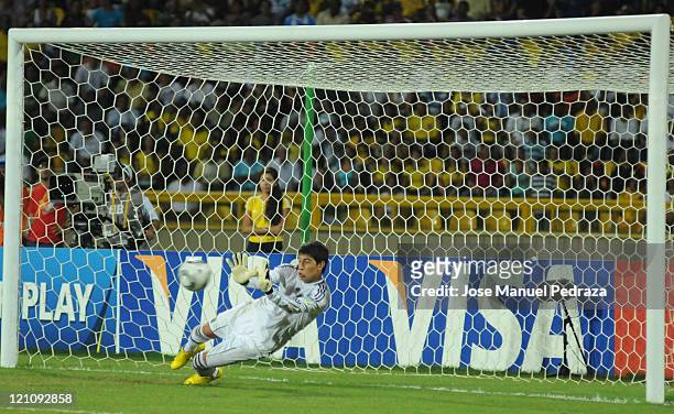 Esteban Andrada, from Argentina, stops a penalty kick in the penalty shoot out the match between Argentina and Portugal as part of the U20 World Cup...