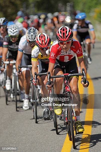 Janez Brajkovic of Slovenia and Levi Leipheimer of the USA riding for Team Radioshack lead the main group late in the race as Leipheimer defended his...