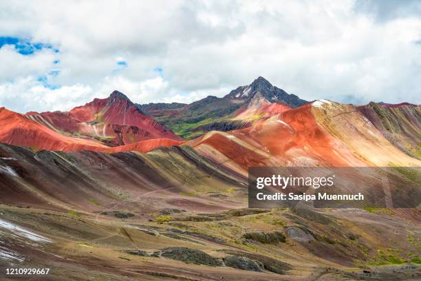 landscape of red valley and rainbow mountain, peru - peru stock pictures, royalty-free photos & images