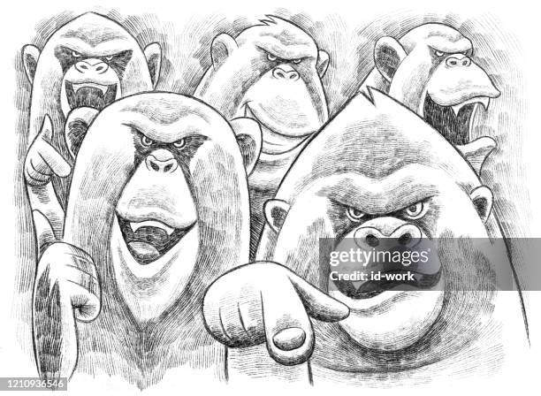 gorilla and chimpanzees meeting sketch - laughing monkey stock illustrations