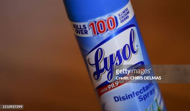 This illustration photo shows a bottle of Lysol disinfectant spray in Culver City, California, on April 24 amid the novel coronavirus pandemic. - Top...
