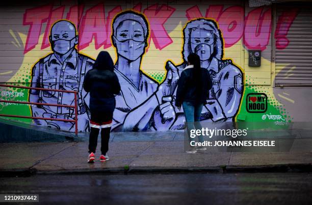 Two woman stand in front of a mural by artist @Dister picturing first responders with masks on and a Thank You message during the novel coronavirus...