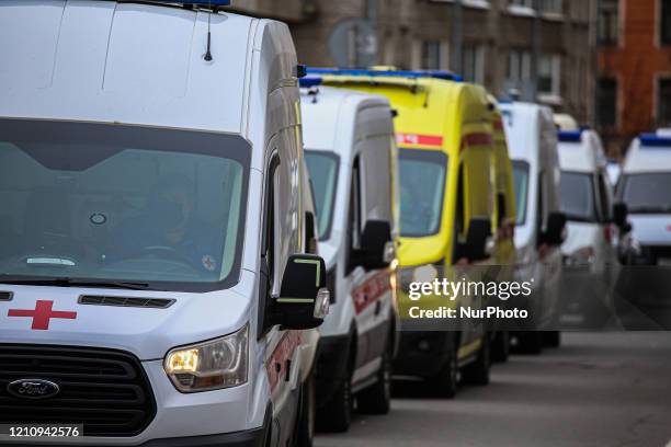 Queue of ambulances near Pokrovskaya hospital in Saint Petersburg, Russia, on April 24, 2020. The total number of people infected with coronovirus in...