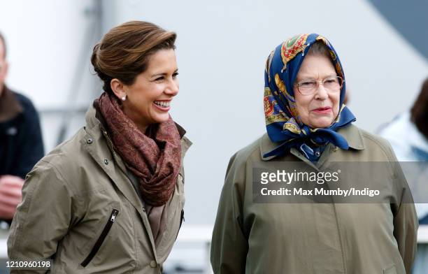Princess Haya Bint Al Hussein of Jordan and Queen Elizabeth II watch the Ladies Side-Saddle class on day 4 of the Royal Windsor Horse Show in Home...