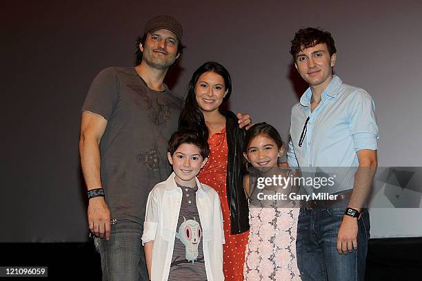 Back row: Director Robert Rodriguez, actors Alexa Vega, Daryl Sabara, front row: Mason Cook and Rowan Blanchard pose after a Q&A during the premiere...