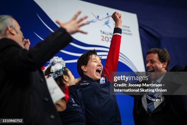 Avonley Nguyen and Vadym Kolesnik of the United States react at the kiss and cry in the Junior Ice Dance Free Dance during day 4 of the ISU World...