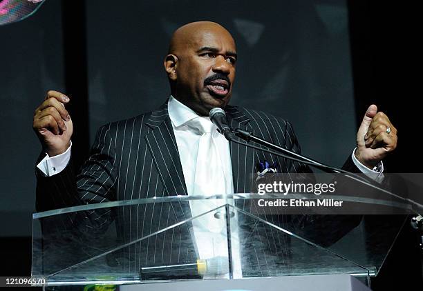 Host Steve Harvey speaks onstage during the ninth annual Ford Hoodie Awards at the Mandalay Bay Events Center August 13, 2011 in Las Vegas, Nevada.
