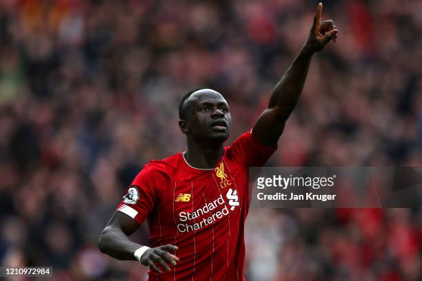 Sadio Mane of Liverpool celebrates scoring a goal during the Premier League match between Liverpool FC and AFC Bournemouth at Anfield on March 07,...