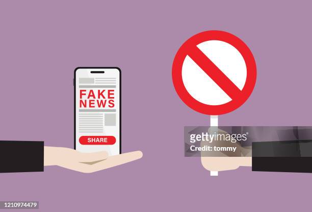 geschäftsmann zeigt verbotszeichen zu fake news - imitation stock-grafiken, -clipart, -cartoons und -symbole