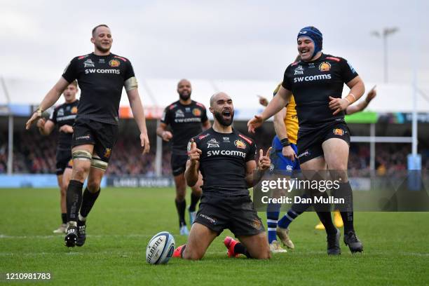 Olly Woodburn of Exeter Chiefs celebrates after scoring his side's seventh try during the Gallagher Premiership Rugby match between Exeter Chiefs and...