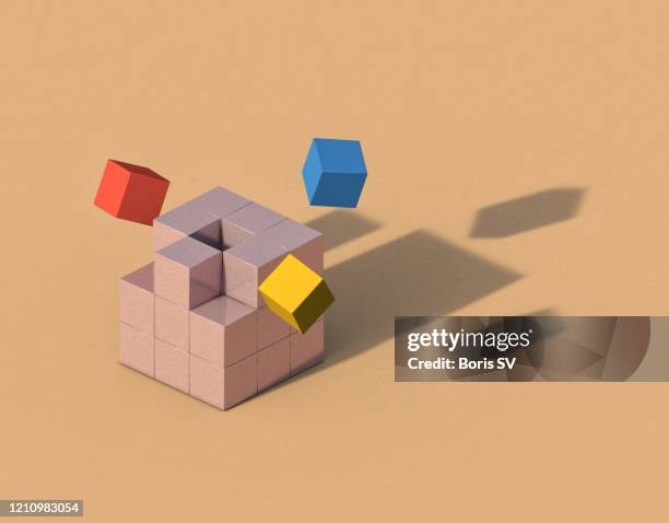 flying cubes forming anthropomorphic shadow - three dimensional building stock pictures, royalty-free photos & images