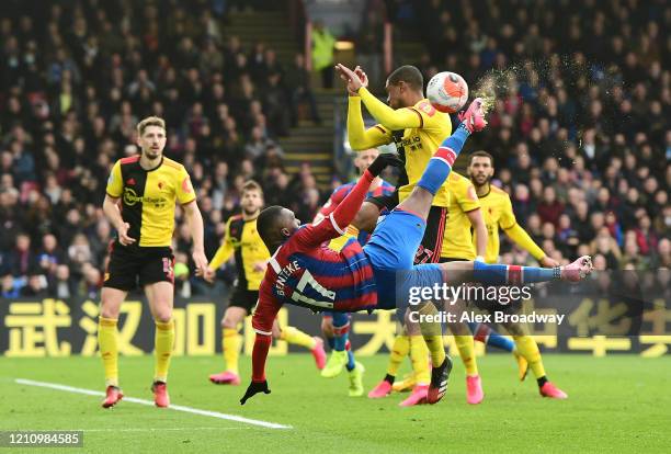 Christian Benteke of Crystal Palace attempts an overhead kick at goal during the Premier League match between Crystal Palace and Watford FC at...