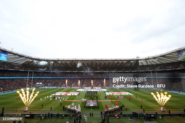 General view as players enter the pitch prior to the 2020 Guinness Six Nations match between England and Wales at Twickenham Stadium on March 07,...