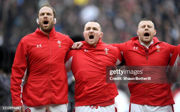 Wales Captain, Alun Wyn Jones sings his national anthem alongside team mates Ken Owens and Rob Evans of Wales during the 2020 Guinness Six Nations...