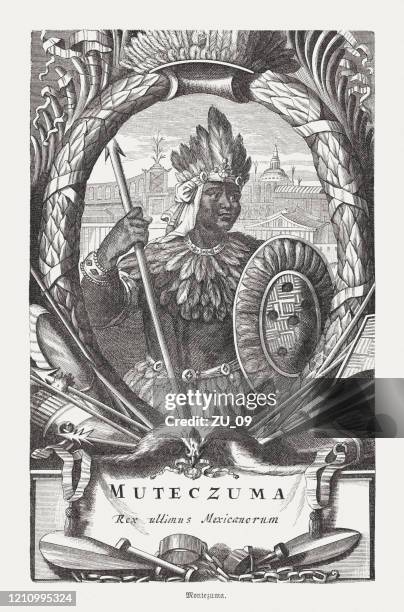 moctezuma ii (c.1465-1520), aztec emperor, wood engraving, published in 1888 - aztec emperor stock illustrations