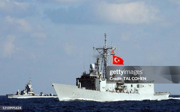 Turkish navy ship is seen in the Mediterranean Sea, off Israel, during joint maneuvers with the US and Israeli navy 11 January 2005. Israel is...