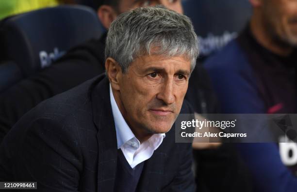 Quique Setien, Manager of Barcelona looks on during the La Liga match between FC Barcelona and Real Sociedad at Camp Nou on March 07, 2020 in...