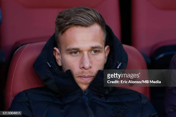 Arthur Melo of FC Barcelona on the stands during the Liga match between FC Barcelona and Real Sociedad at Camp Nou on March 07, 2020 in Barcelona,...