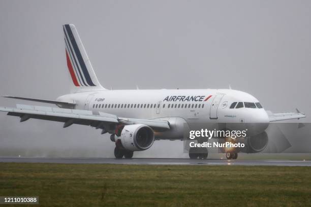 Air France Airbus A319 commercial aircraft landing and taxiing at Polderbaan runway in Amsterdam Schiphol AMS EHAM international airport in The...