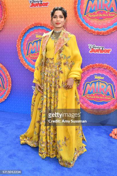 Freida Pinto attends the premiere of Disney Junior's "Mira, Royal Detective" at Walt Disney Studios Main Theater on March 07, 2020 in Burbank,...