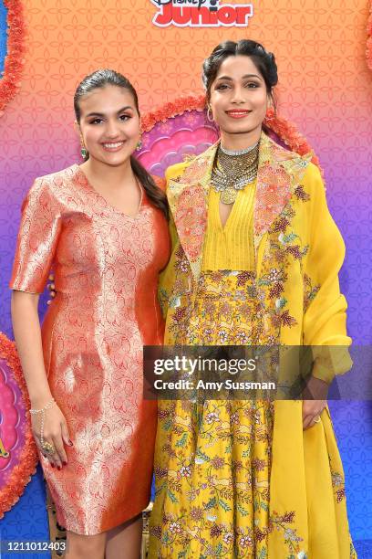 Leela Ladnier and Freida Pinto attend the premiere of Disney Junior's "Mira, Royal Detective" at Walt Disney Studios Main Theater on March 07, 2020...