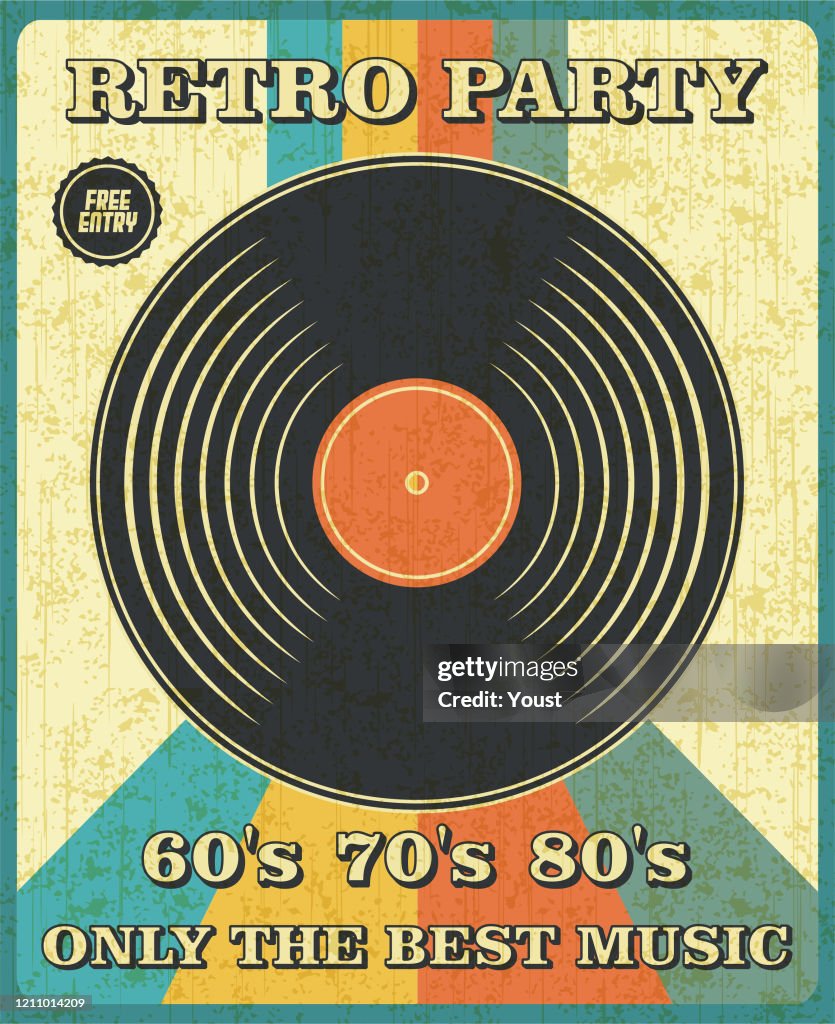 Retro Musik och Vintage Vinyl Skivaffisch i Retro Desigh Style. Disco Party 60s, 70-talet, 80-talet.