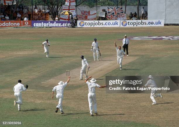 Aravinda de Silva of Sri Lanka is caught for 1 run by Craig White of England off the bowling of Darren Gough during the 2nd Test match between Sri...