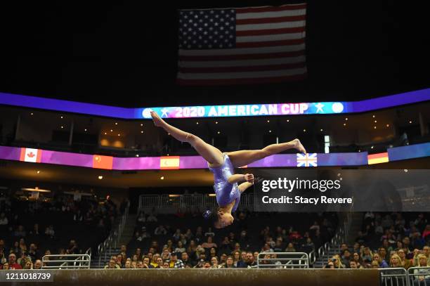 Morgan Hurd of the United States competes on the beam during the 2020 American Cup at Fiserv Forum on March 07, 2020 in Milwaukee, Wisconsin.