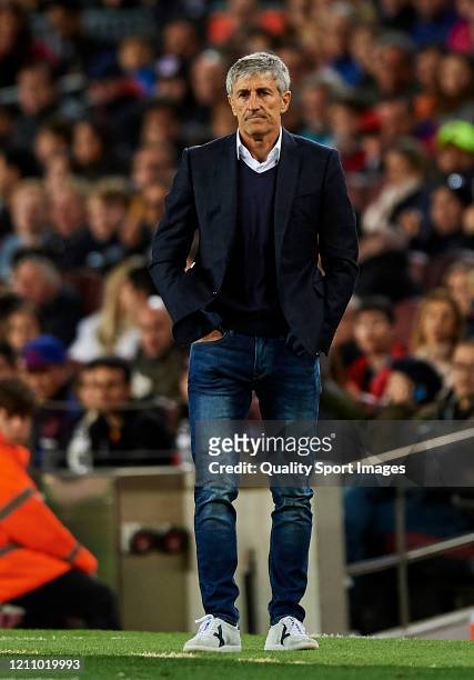 Quique Setien, head coach of FC Barcelona looks on during the Liga match between FC Barcelona and Real Sociedad at Camp Nou on March 07, 2020 in...