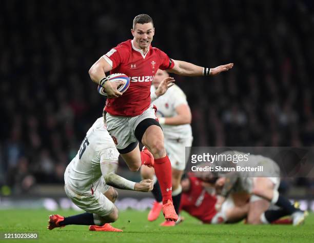 George North of Wales breaks with the ball during the 2020 Guinness Six Nations match between England and Wales at Twickenham Stadium on March 07,...