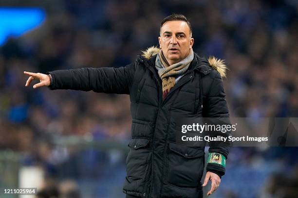 Carlos Carvalhal the manager of Rio Ave FC reacts during the Liga Nos match between FC Porto and Rio Ave FC at Estadio do Dragao on March 07, 2020 in...