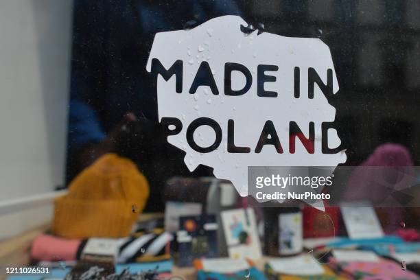 Made In Poland sign on a shop window in Krakow. On April 25 in Krakow, Poland.