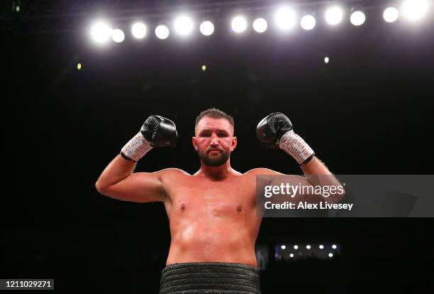 Hughie Fury celebrates victory over Pavel Sour after during the Heavyweight fight between Hughie Fury and Pavel Sour at Manchester Arena on March 07,...