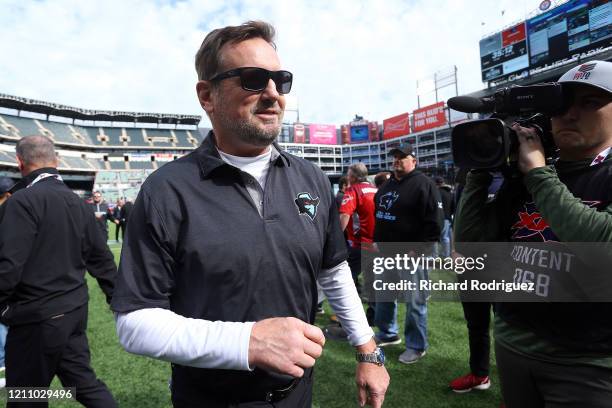 Bob Stoops head coach of the Dallas Renegades leaves the field after warm ups before an XFL football game against the New York Guardians on March 07,...