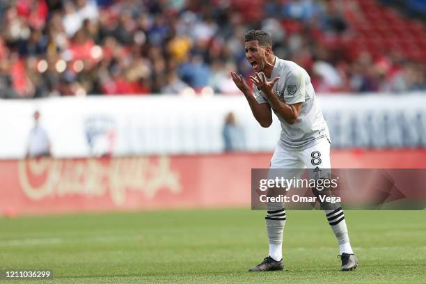 Saphir Taider of Montreal Impact reacts during an MLS match between FC Dallas and Montreal Impact at Toyota Stadium on March 7, 2020 in Texas City,...