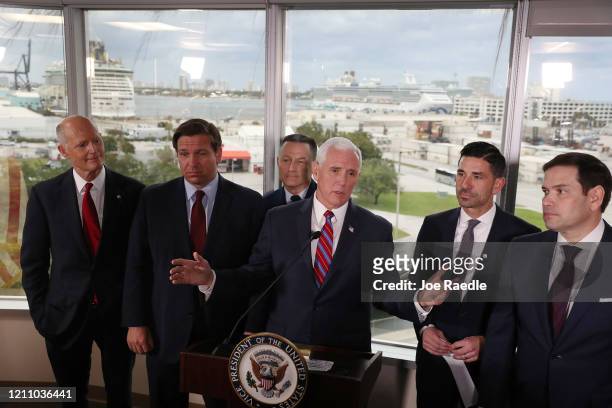 Sen. Rick Scott , Florida Governor Ron DeSantis, U.S. Coast Guard Admiral Eric Jones Vice President Mike Pence, Chad F. Wolf, the acting Secretary of...