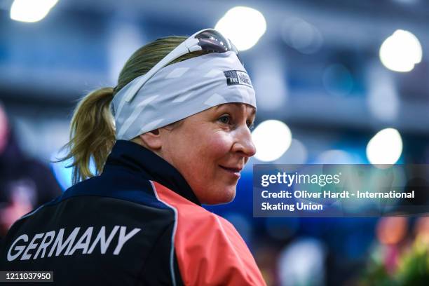 Claudia Pechstein of Germany looks on prior to the Ladies 3000 meter final race during the ISU World Cup Speed Skating Final at Ice Rink Thialf on...