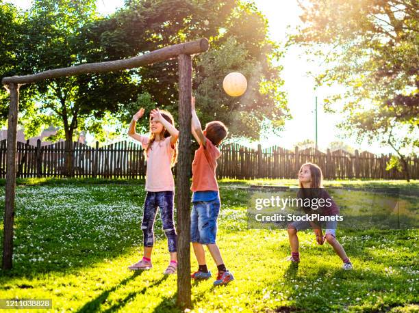 kinderen die volleyball in het park spelen - volleyball park stockfoto's en -beelden