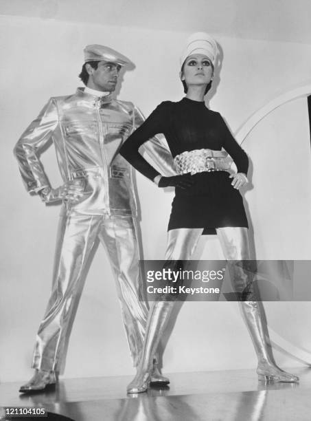 Space age outfits in silver vinyl by Pierre Cardin, on display at Fashion Week in Paris, 26th January 1968.
