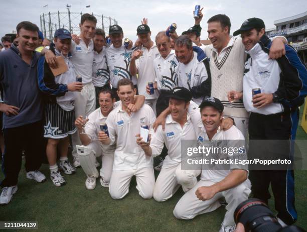 The New Zealand team celebrates winning the four-match series 2-1 after victory by 83 runs in the 4th Test match between England and New Zealand at...