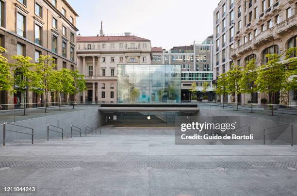 General view of an empty Piazza del Liberty and the closed Apple Store during the lockdown imposed to slow the outbreak of Coronavirus on April 26,...